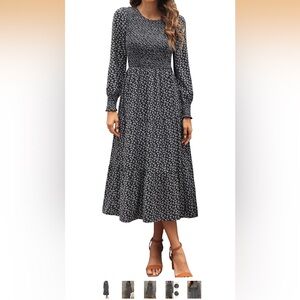 Women's Black Floral Long Sleeve Midi Dress